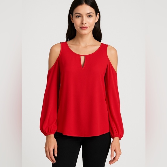 Gorgeous Flowy Red Silky Top with Cold Shoulder. Long Sleeve. NWT. - Picture 1 of 9